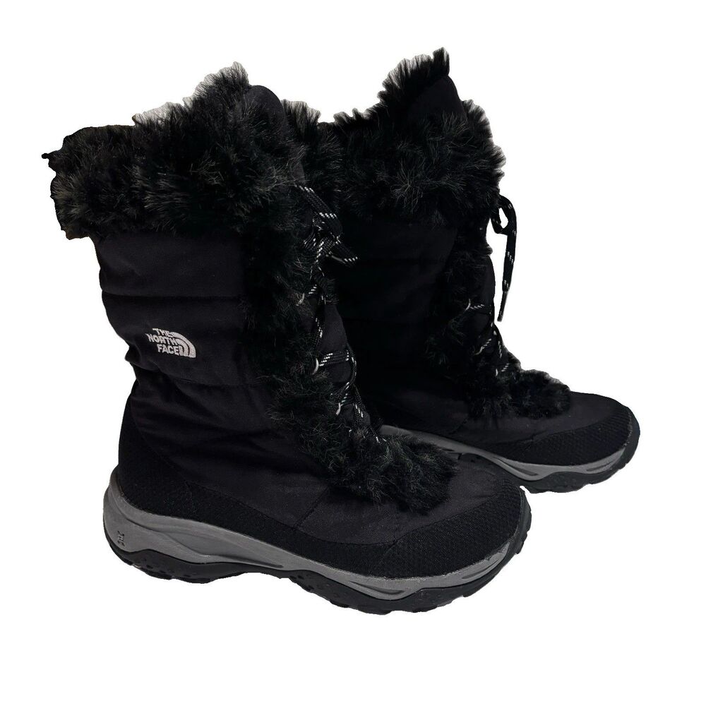 The North Face Youth Girls Size 4 Winter Snow Boots Faux Fur Black Lace Up